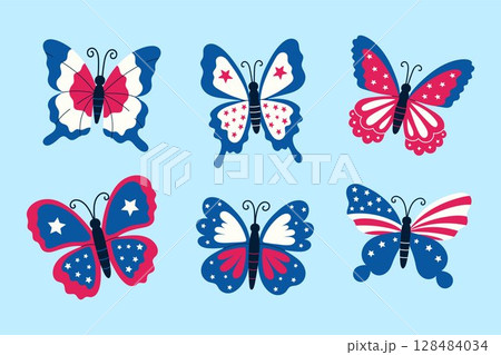 Set of butterflies in the style of the 4th of July celebration. Vector graphics. Set of butterflies in the style of the 4th of July celebration. Vector graphics. 128484034