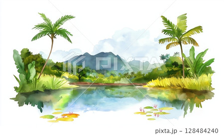 Bigi Pan Wetlands. Bigi Pan Wetlands hand drawn watercolor illustration 128484240
