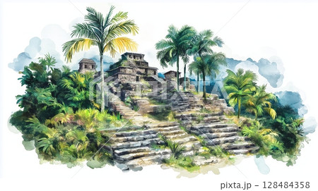 Ciudad Perdida - The Lost City. Ciudad Perdida - The Lost City hand drawn watercolor illustration Ciudad Perdida - The Lost City. Ciudad Perdida - The Lost City hand drawn watercolor illustration 128484358