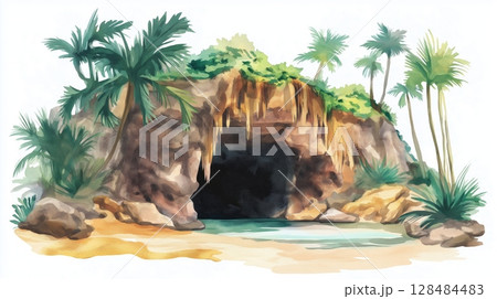 Cueva del Guacharo. Cueva del Guacharo hand drawn watercolor illustration 128484483
