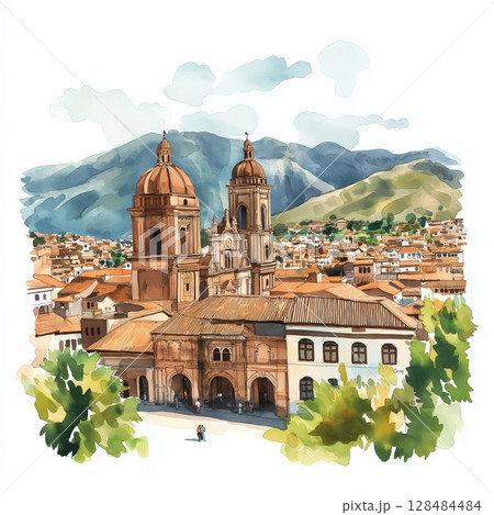 Cusco Historic Center. Cusco Historic Center hand drawn watercolor illustration 128484484
