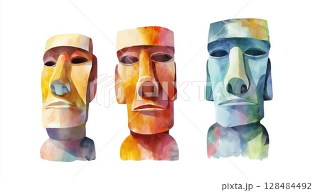 Easter Island - Rapa Nui. Easter Island - Rapa Nui hand drawn watercolor illustration Easter Island - Rapa Nui. Easter Island - Rapa Nui hand drawn watercolor illustration 128484492