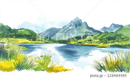 El Cajas National Park. El Cajas National Park hand drawn watercolor illustration 128484495