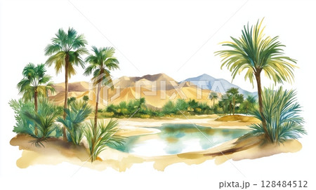 Huacachina Oasis. Huacachina Oasis hand drawn watercolor illustration 128484512