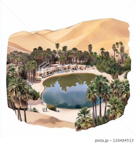 Huacachina Oasis. Huacachina Oasis hand drawn watercolor illustration 128484513