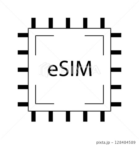 Esim icon wireless cyberspace line chip. Circuit card for device. Minimal sim card, electronic. Esim card. 128484589