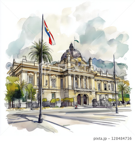 La Moneda Palace. La Moneda Palace hand drawn watercolor illustration La Moneda Palace. La Moneda Palace hand drawn watercolor illustration 128484716