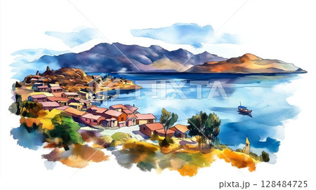 Lake Titicaca - Puno. Lake Titicaca - Puno hand drawn watercolor illustration 128484725