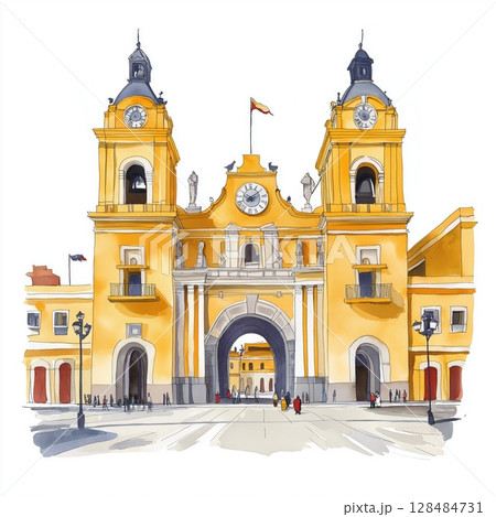 Lima - Plaza Mayor and Historic Center. Lima - Plaza Mayor and Historic Center hand drawn watercolor illustration Lima - Plaza Mayor and Historic Center. Lima - Plaza Mayor and Historic Center hand drawn watercolor illustration 128484731