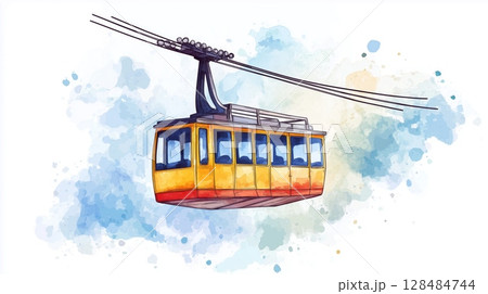 Merida Cable Car. Merida Cable Car hand drawn watercolor illustration Merida Cable Car. Merida Cable Car hand drawn watercolor illustration 128484744