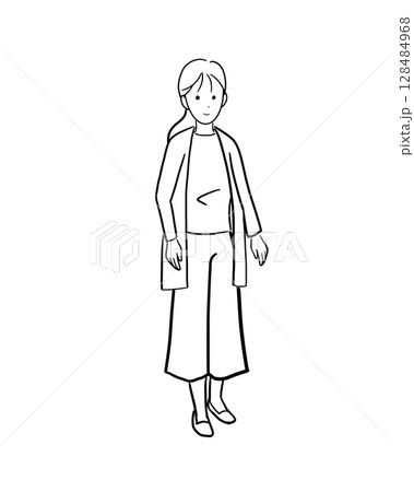 カーディガンを羽織った女性のモノクロームのイラスト正面 128484968