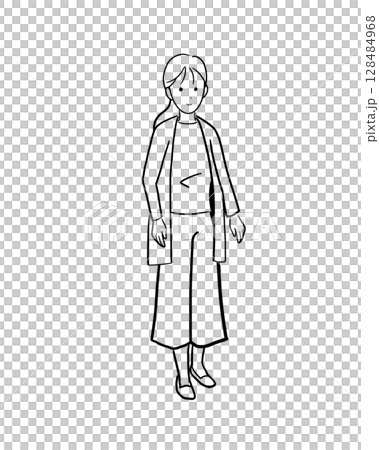 カーディガンを羽織った女性のモノクロームのイラスト正面 128484968