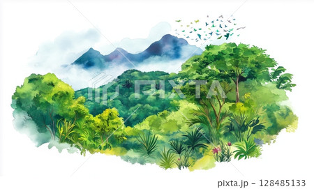 Mindo Cloud Forest. Mindo Cloud Forest hand drawn watercolor illustration 128485133