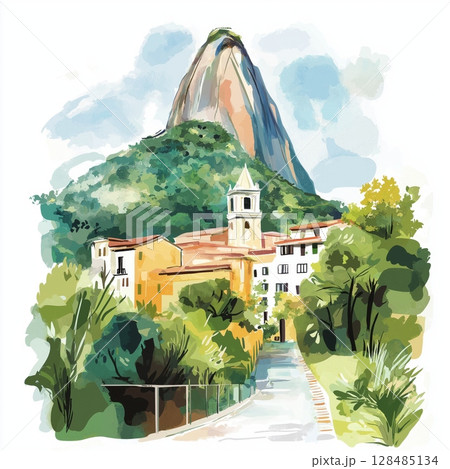 Monserrate Mountain. Monserrate Mountain hand drawn watercolor illustration 128485134