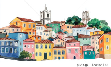 Pelourinho Historic Center. Pelourinho Historic Center hand drawn watercolor illustration Pelourinho Historic Center. Pelourinho Historic Center hand drawn watercolor illustration 128485148