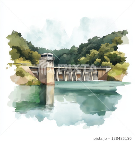 Petit Saut Dam. Petit Saut Dam hand drawn watercolor illustration Petit Saut Dam. Petit Saut Dam hand drawn watercolor illustration 128485150
