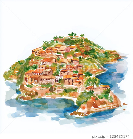Taquile Island. Taquile Island hand drawn watercolor illustration 128485174