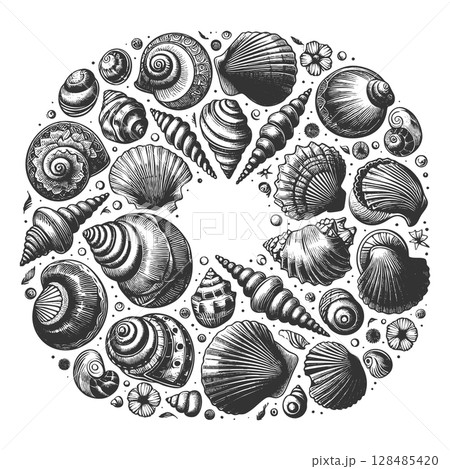 Sea Shell Collection engraving raster illustration Sea Shell Collection engraving raster illustration 128485420