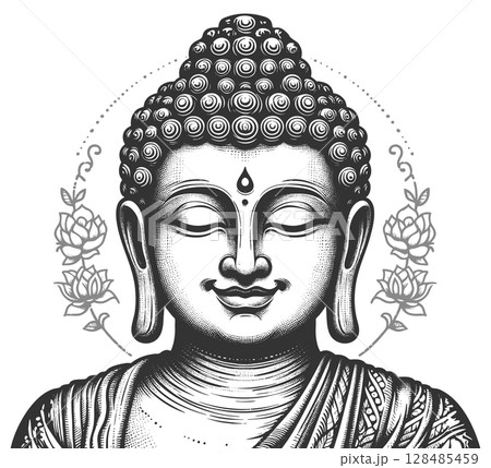 Serene Buddha Head engraving vector illustration Serene Buddha Head engraving vector illustration 128485459