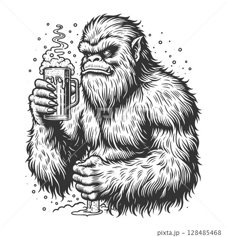 Yeti Holding Beer engraving raster illustration Yeti Holding Beer engraving raster illustration 128485468