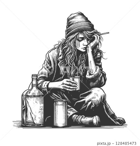 Homeless Woman with Alcohol and Cigarette raster Homeless Woman with Alcohol and Cigarette raster 128485473