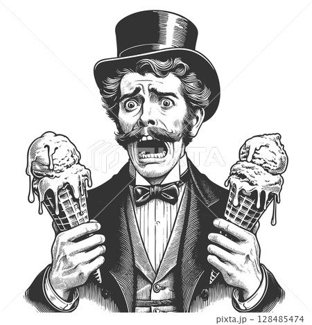 Man Holding Melting Ice Cream Cones sketch vector 128485474