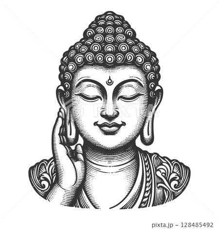 Serene Buddha Head engraving raster illustration 128485492