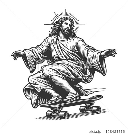 Jesus Riding Skateboard engraving sketch vector 128485516