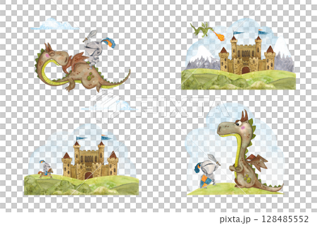 Set of compositions: ancient castle, mountains in the background, knights, dragons. Watercolor illustration hand-drawn, cartoon. Drawing for children's books, postcards, stickers, scrapbooking 128485552
