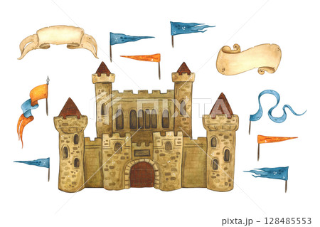 Watercolor illustration set: old castle, blue and orange flags for towers. Hand drawn illustration, cartoonish. Drawing for blanks, stickers, scrapbooking. Building, palace, medieval, history 128485553