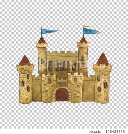 Old medieval castle with flags on towers. Watercolor illustration hand drawn, cartoon. drawing for stickers, cards, print, scrapbooking. history, building, housing, stone Old medieval castle with flags on towers. Watercolor illustration hand drawn, cartoon. drawing for stickers, cards, print, scrapbooking. history, building, housing, stone 128485556