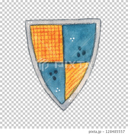 Knight's shield with blue and orange squares. Watercolor illustration hand drawn, cartoon. Drawing for print on cake, sticker, poster, fabric. Traditional, costume, culture, defense, weapon, knig 128485557