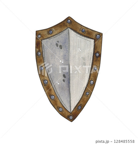 Knight shield. Watercolor illustration hand drawn, cartoon. Drawing for print on cake, sticker, poster, fabric. Traditional, costume, culture, defense, weapon, shield, knig 128485558