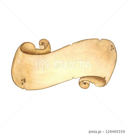 Parchment, twisted old paper. Hand drawn illustration in cartoon. Drawing for stickers, cards, labels, scrapbooking. Retro, old, medieval, paper, banner, for text, parchment 128485559