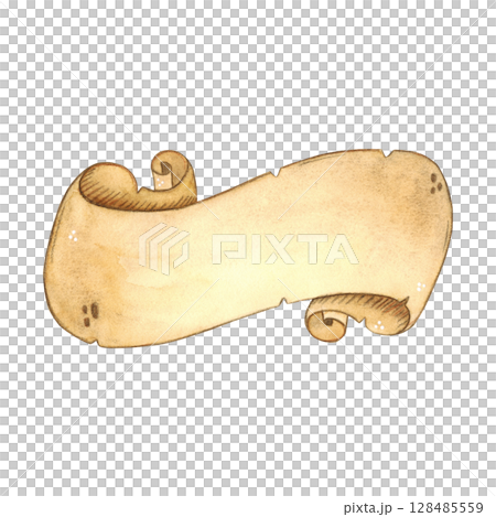 Parchment, twisted old paper. Hand drawn illustration in cartoon. Drawing for stickers, cards, labels, scrapbooking. Retro, old, medieval, paper, banner, for text, parchment 128485559