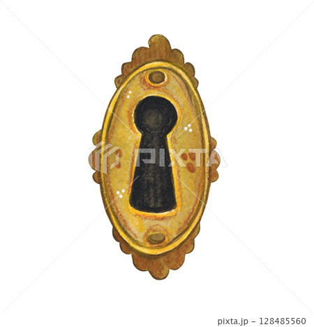 Gilded retro keyhole. Watercolor illustration hand drawn, cartoon. Drawing for scrapbooking, stickers, cards. Key, keyhole, door, secret, 128485560