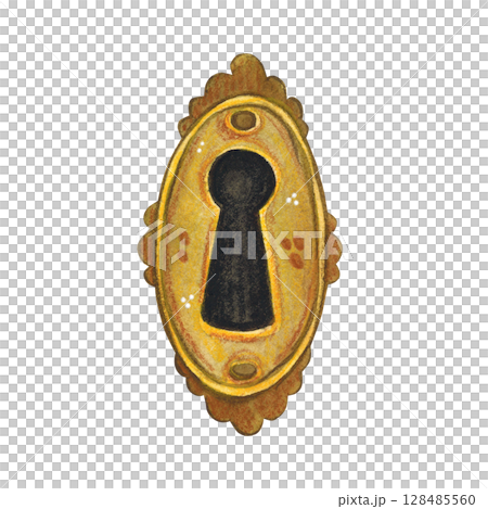 Gilded retro keyhole. Watercolor illustration hand drawn, cartoon. Drawing for scrapbooking, stickers, cards. Key, keyhole, door, secret, 128485560