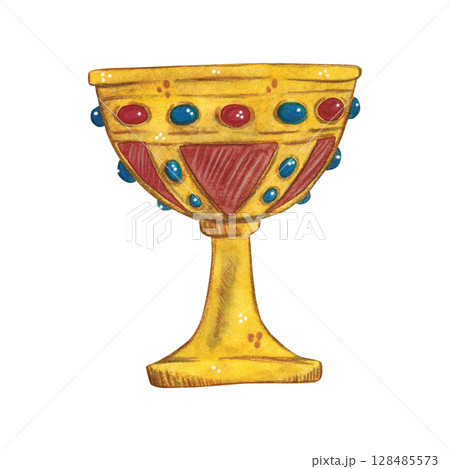 Golden cup inlaid with precious stones. Watercolor illustration hand drawn, cartoon. Drawing for scrapbooking, stickers, cards. King, wealth, gold, knight, cup, dishes Golden cup inlaid with precious stones. Watercolor illustration hand drawn, cartoon. Drawing for scrapbooking, stickers, cards. King, wealth, gold, knight, cup, dishes 128485573