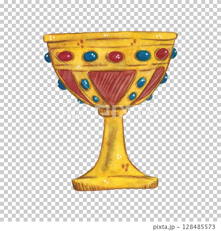 Golden cup inlaid with precious stones. Watercolor illustration hand drawn, cartoon. Drawing for scrapbooking, stickers, cards. King, wealth, gold, knight, cup, dishes Golden cup inlaid with precious stones. Watercolor illustration hand drawn, cartoon. Drawing for scrapbooking, stickers, cards. King, wealth, gold, knight, cup, dishes 128485573