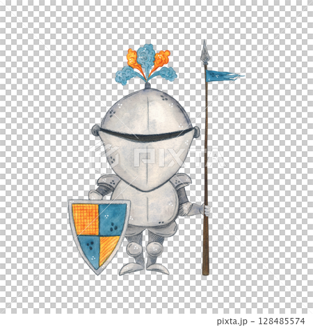 Medieval knight with shield and spear. Watercolor illustration hand drawn, cartoon. drawing for stickers, cards, print, scrapbooking. History, armor, fairy tale, adventure, 128485574