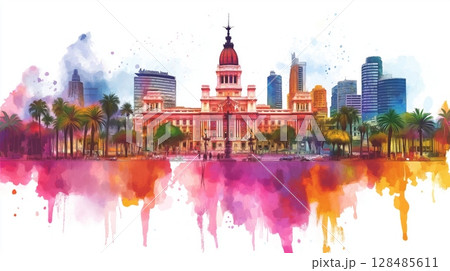Plaza de Mayo and Casa Rosada. Plaza de Mayo and Casa Rosada hand drawn watercolor illustration 128485611