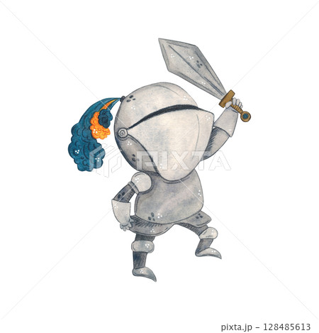 Medieval knight with sword. Watercolor illustration hand drawn, cartoon. drawing for stickers, cards, print, scrapbooking. History, armor, fairy tale, adventure, middle age Medieval knight with sword. Watercolor illustration hand drawn, cartoon. drawing for stickers, cards, print, scrapbooking. History, armor, fairy tale, adventure, middle age 128485613