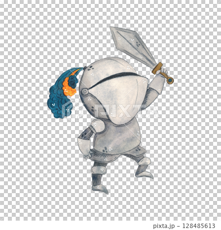 Medieval knight with sword. Watercolor illustration hand drawn, cartoon. drawing for stickers, cards, print, scrapbooking. History, armor, fairy tale, adventure, middle age 128485613