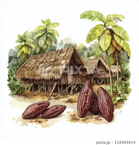 Cacao Hmong Village. Cacao Hmong Village hand drawn watercolor illustration Cacao Hmong Village. Cacao Hmong Village hand drawn watercolor illustration 128485614