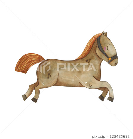Brown horse. Watercolor illustration hand drawn, cartoon. drawing for stickers, cards, print, scrapbooking. Nature, animal, gallop, horse, tail, mane, brown, Brown horse. Watercolor illustration hand drawn, cartoon. drawing for stickers, cards, print, scrapbooking. Nature, animal, gallop, horse, tail, mane, brown, 128485652