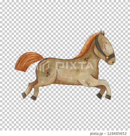 Brown horse. Watercolor illustration hand drawn, cartoon. drawing for stickers, cards, print, scrapbooking. Nature, animal, gallop, horse, tail, mane, brown, Brown horse. Watercolor illustration hand drawn, cartoon. drawing for stickers, cards, print, scrapbooking. Nature, animal, gallop, horse, tail, mane, brown, 128485652