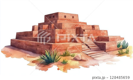 Tiwanaku Archaeological Site. Tiwanaku Archaeological Site hand drawn watercolor illustration Tiwanaku Archaeological Site. Tiwanaku Archaeological Site hand drawn watercolor illustration 128485659
