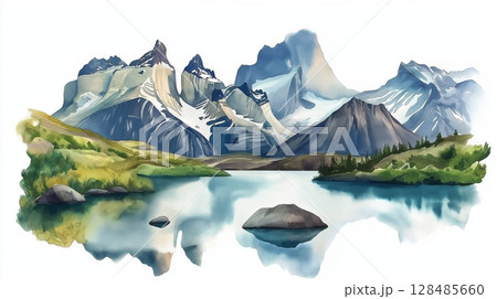 Torres del Paine National Park. Torres del Paine National Park hand drawn watercolor illustration Torres del Paine National Park. Torres del Paine National Park hand drawn watercolor illustration 128485660