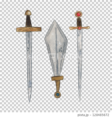 Medieval weapons, set of three swords. Watercolor illustration hand drawn, cartoon. Drawing for scrapbooking, stickers. Knight, history, weapon, sword, iron, defense, handl Medieval weapons, set of three swords. Watercolor illustration hand drawn, cartoon. Drawing for scrapbooking, stickers. Knight, history, weapon, sword, iron, defense, handl 128485672