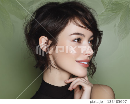 AI生成画像 顎に手をあてる若い女性の顔のアップ AI生成画像 顎に手をあてる若い女性の顔のアップ 128485697